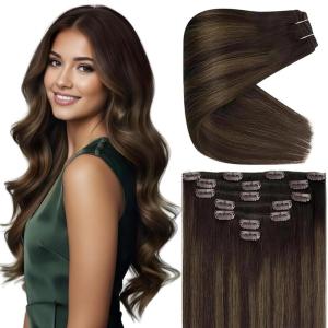 Ve Sunny Scalp Clip in Hair Extensions Real Human Hair Medium Brown Ombre Hair Extensions Clip ins Balayage Caramel Blonde Thinning Hair Fill ins Extensions 18 Inch 90g 4pcs(Clip-7 #2/6/2 Warm Hearth Brown Balayage)