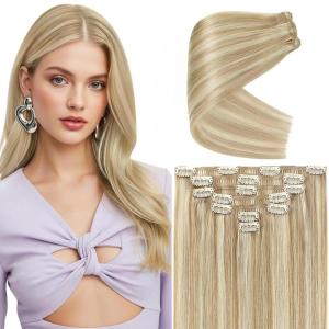 Ve Sunny Scalp Clip in Hair Extensions Real Human Hair Medium Brown Ombre Hair Extensions Clip ins Balayage Caramel Blonde Thinning Hair Fill ins Extensions 18 Inch 90g 4pcs(Clip-B #P27/60 Sunlit Honey Highlights)