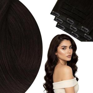 Ve Sunny Scalp Clip in Hair Extensions Real Human Hair Medium Brown Ombre Hair Extensions Clip ins Balayage Caramel Blonde Thinning Hair Fill ins Extensions 18 Inch 90g 4pcs(Clip-7 #2 Natural Dark Brown)