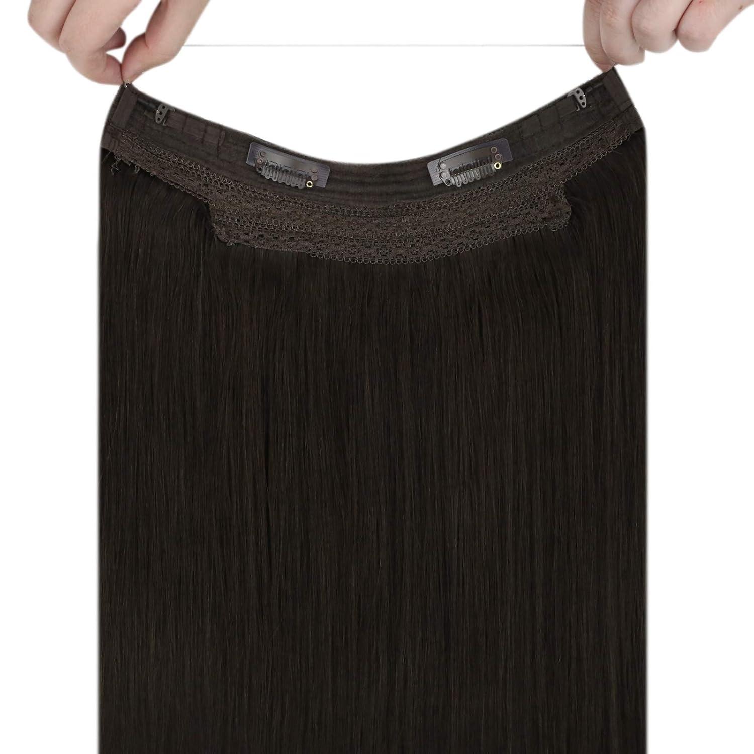 image2 Packs Wire Hair Extensions and Ponytail Extension Human Hair Dark Brown 80G 20Inch