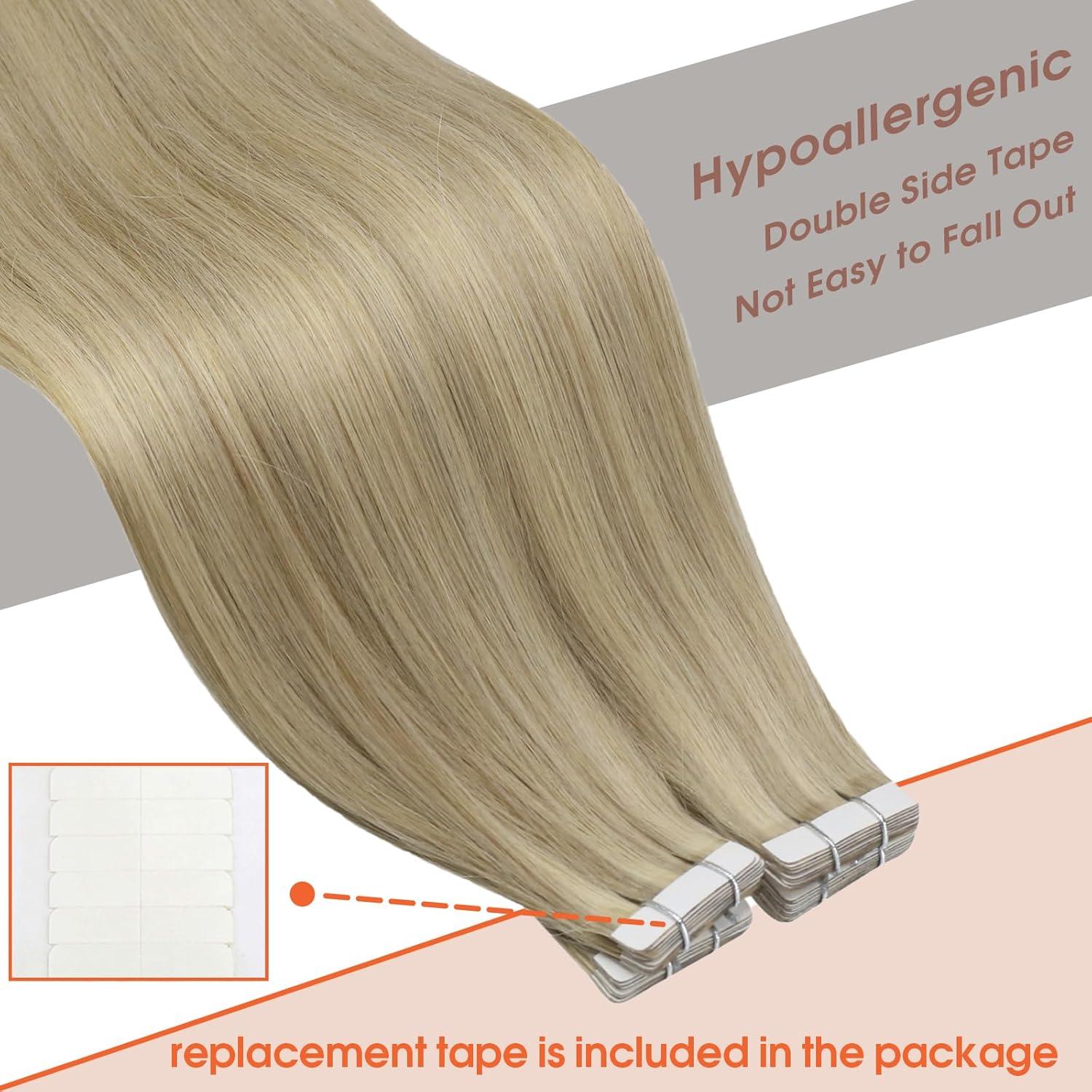 imageBundle 2Packs Tape in Hair Extensions and Ponytail Hair Extensions Blonde Highlight 14inch 80G