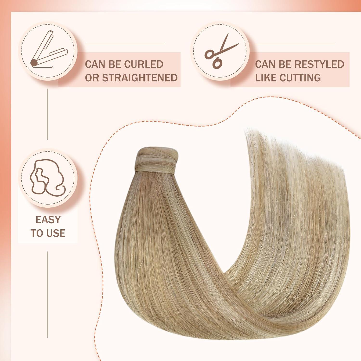 imageBundle 2Packs Tape in Hair Extensions and Ponytail Hair Extensions Blonde Highlight 14inch 80G