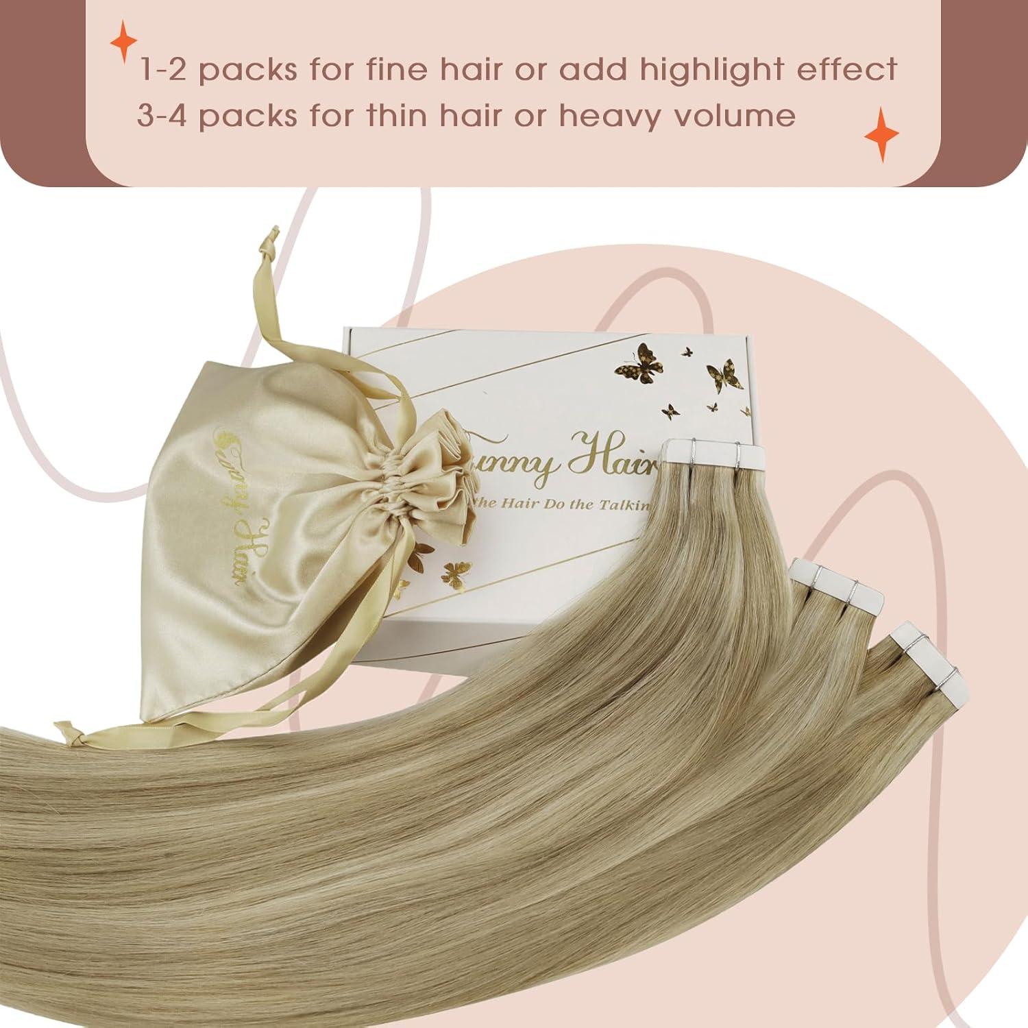 imageBundle 2Packs Tape in Hair Extensions and Ponytail Hair Extensions Blonde Highlight 14inch 80G