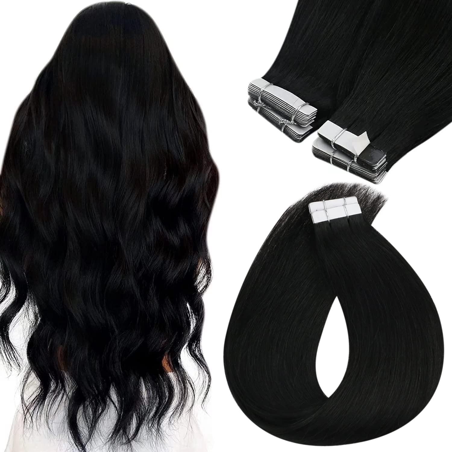 imageBundle 2Packs Tape in Hair Extensions and Ponytail Hair Extensions Jet Black 14inch 80G