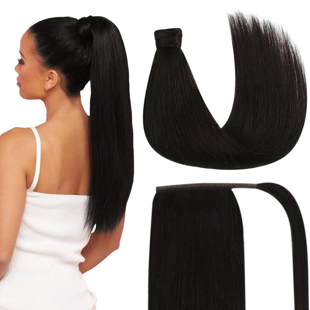 imageBundle 2Packs Human Hair Weft Extensions and Ponytail Hair Extensions Darkest Brown 20inch 80G