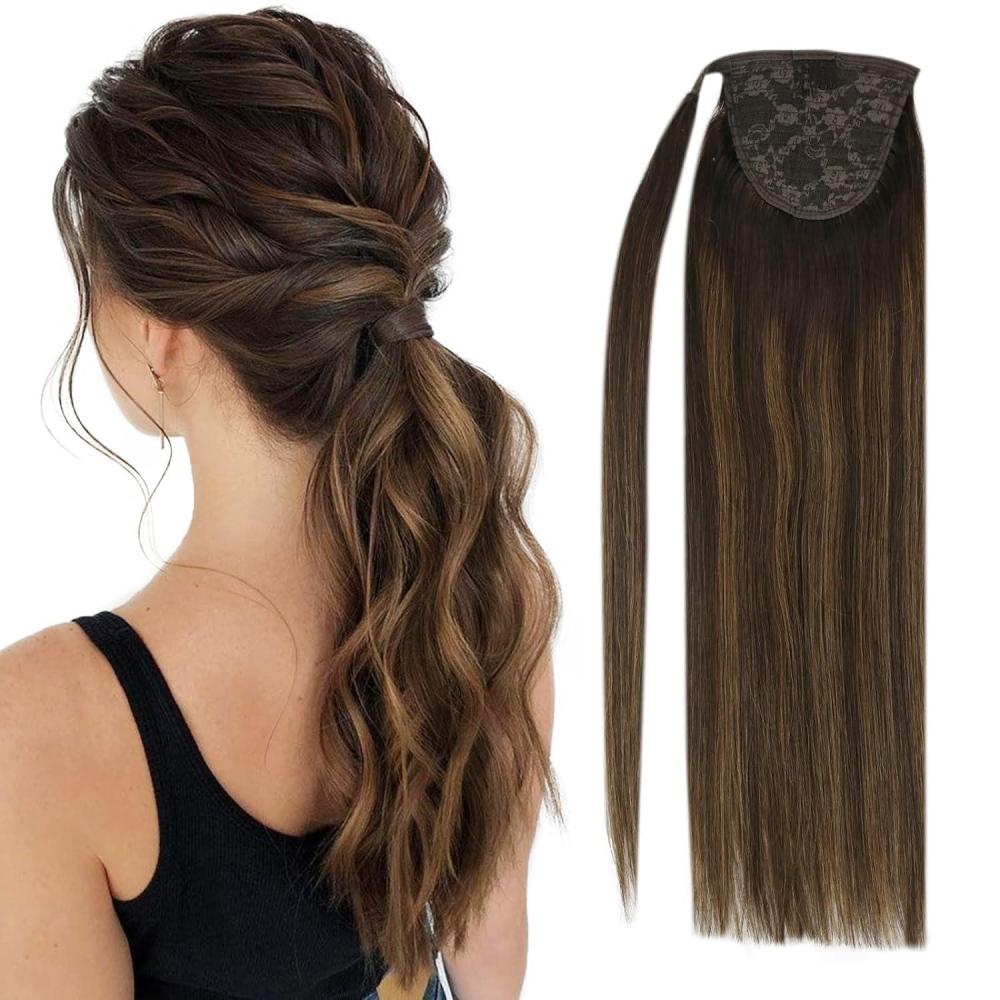 imageBundle 2Packs Tape in Hair Extensions and Ponytail Hair Extensions Dark Brown 18inch 80G