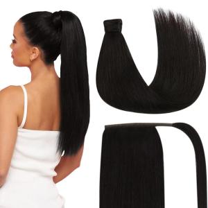 2 Packs Wire Hair Extensions and Ponytail Extension Human Hair Dark Brown 80G 16Inch