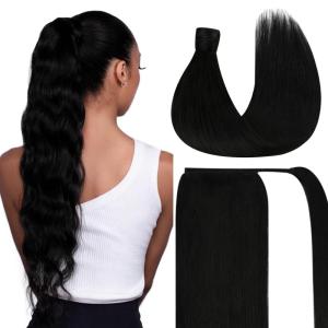 Bundle 2Packs Human Hair Weft Extensions and Ponytail Hair Extensions Black 20inch 80G