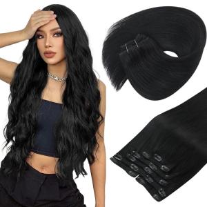 [Make hair look more thicker]Clip in Real Human Hair Extensions and Ponytail Extensions Human Hair Natural Black 22inch