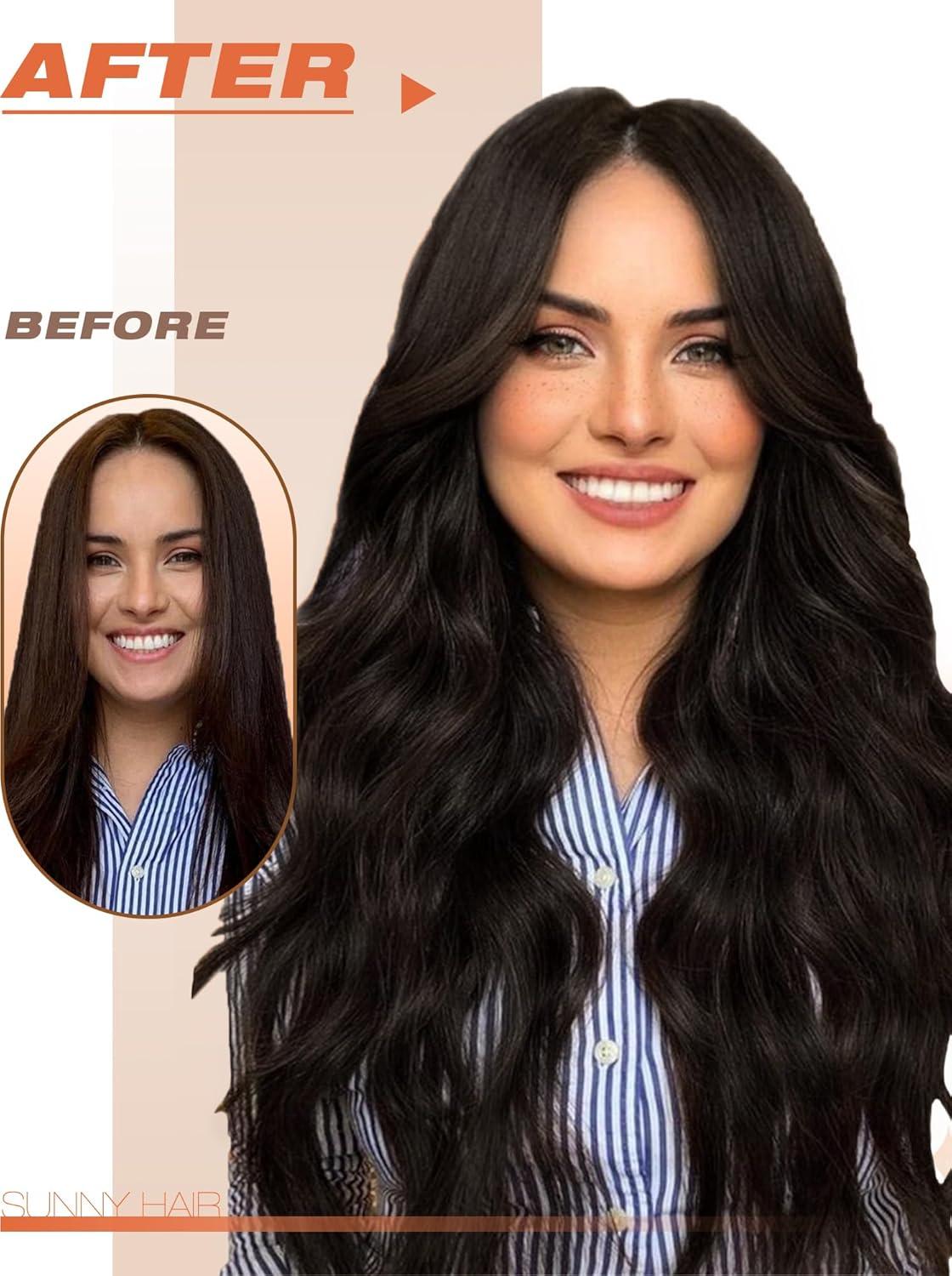 image2 Packs Sunny Hair Tape in Hair Extensions Real Human Hair Cool Brown Balayage Light Brown with Highlight Bundle with Tape in Extensions Darkest Brown18inch 40pcs 100G