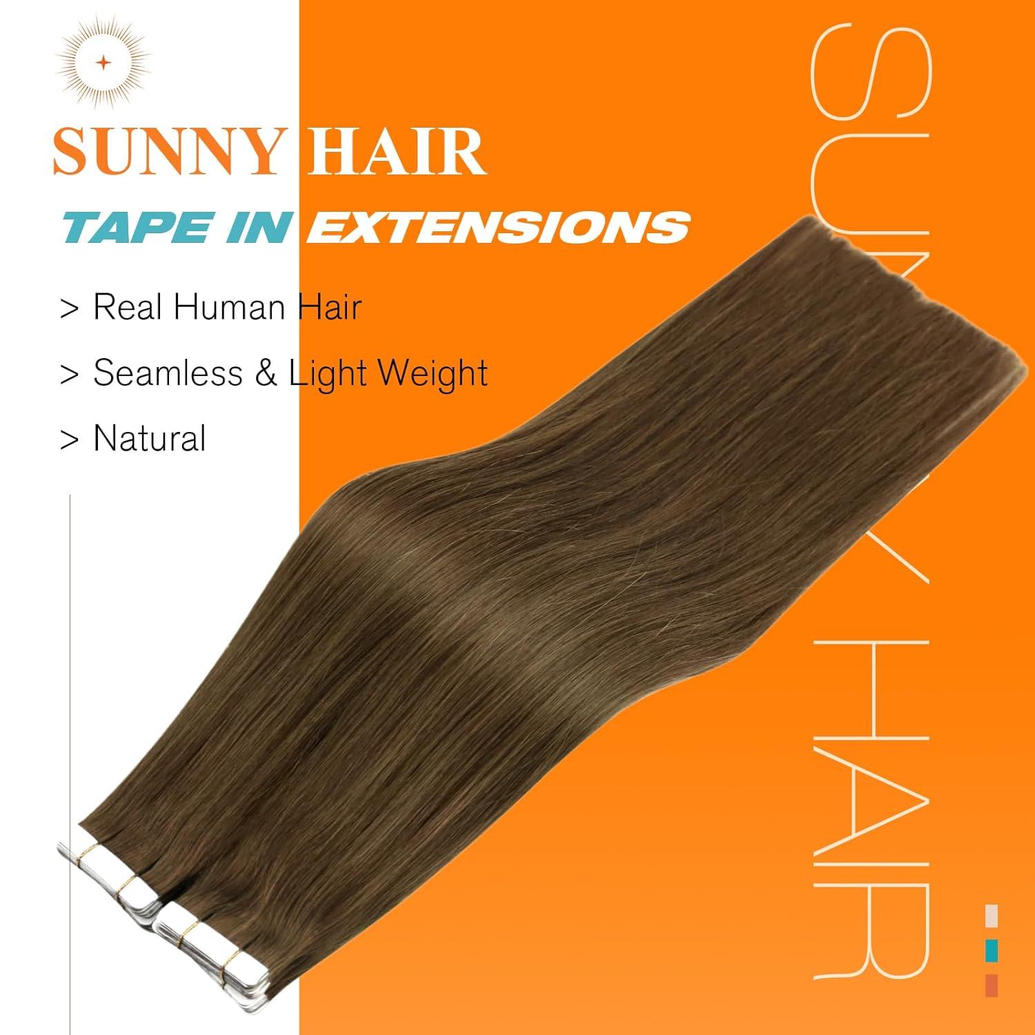 imageSunny Hair 20Pcs 50g 18inch Black Human Hair Extensions Bundle Tape in Hair Extensions with Light Brown Balayage Blonde Hair Extensions Real Human Hair Tape 2 Packs