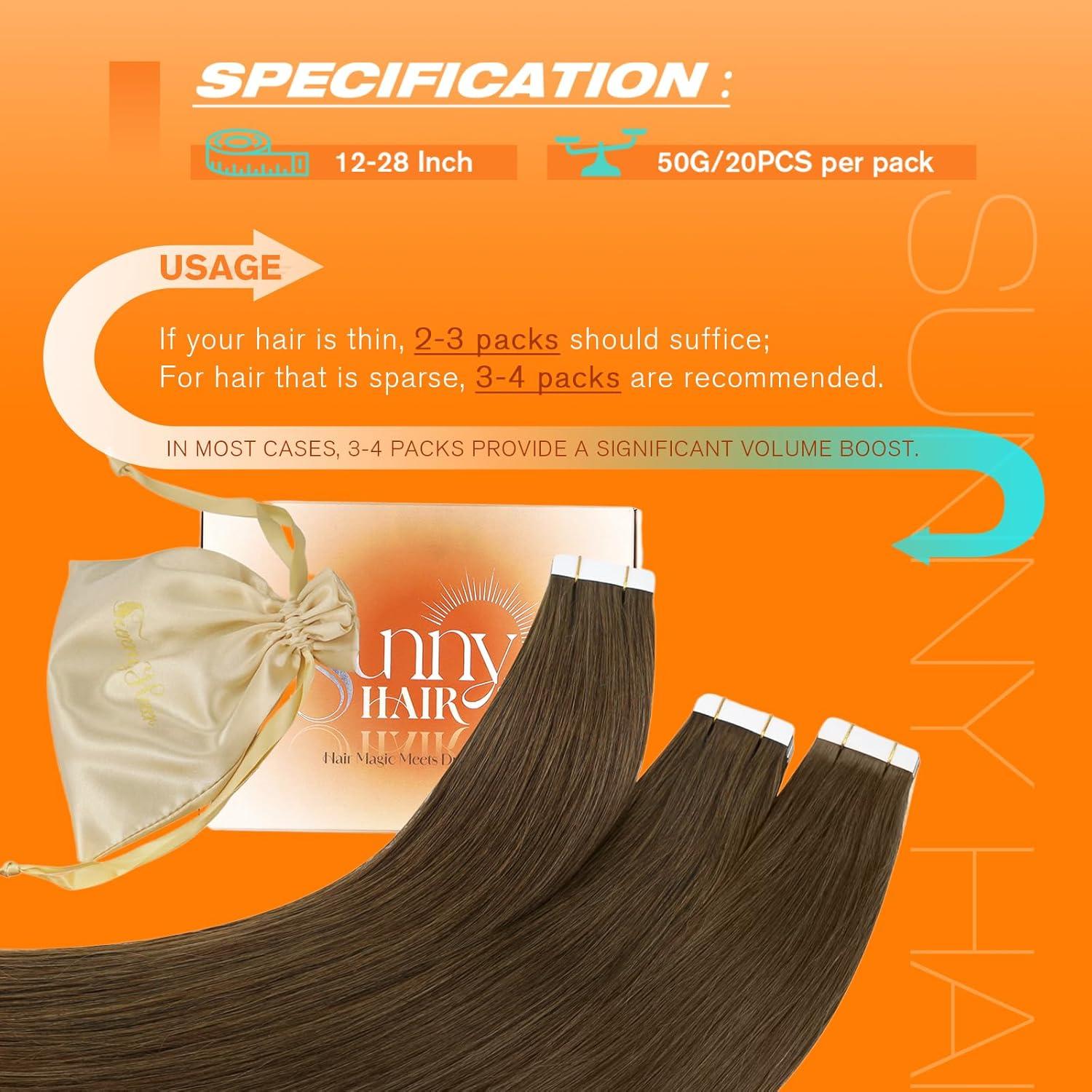 imageSunny Hair 20Pcs 50g 18inch Black Human Hair Extensions Bundle Tape in Hair Extensions with Light Brown Balayage Blonde Hair Extensions Real Human Hair Tape 2 Packs