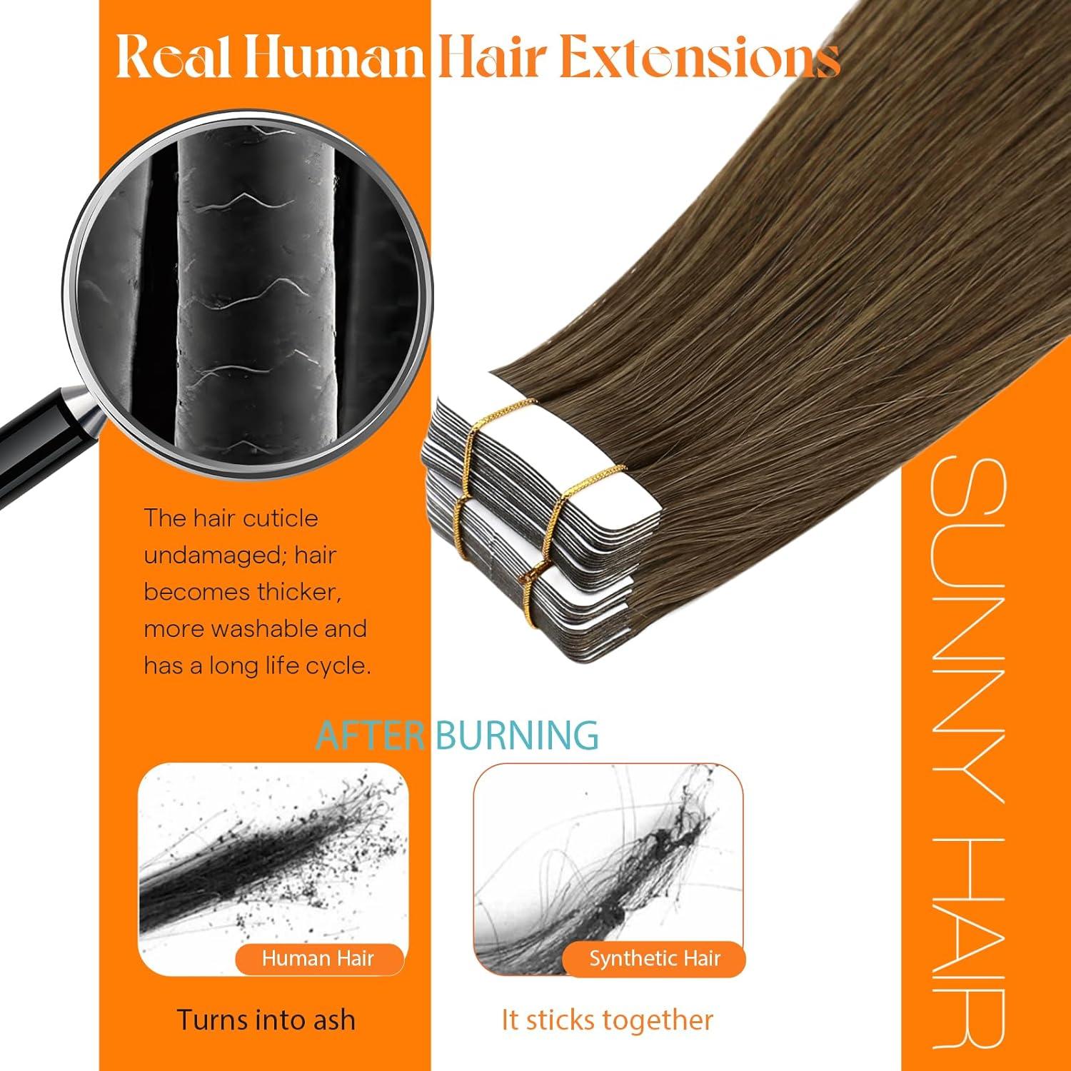 imageSunny Hair 20Pcs 50g 18inch Black Human Hair Extensions Bundle Tape in Hair Extensions with Light Brown Balayage Blonde Hair Extensions Real Human Hair Tape 2 Packs
