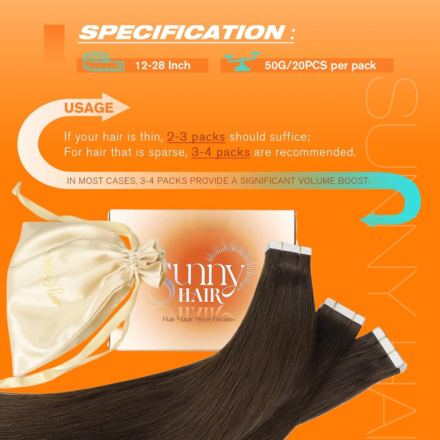 imageSunny Hair 20Pcs 50g 28inch Black Human Hair Extensions Bundle Tape in Hair Extensions with Remy Human Hair Tape in Extensions 2 Packs