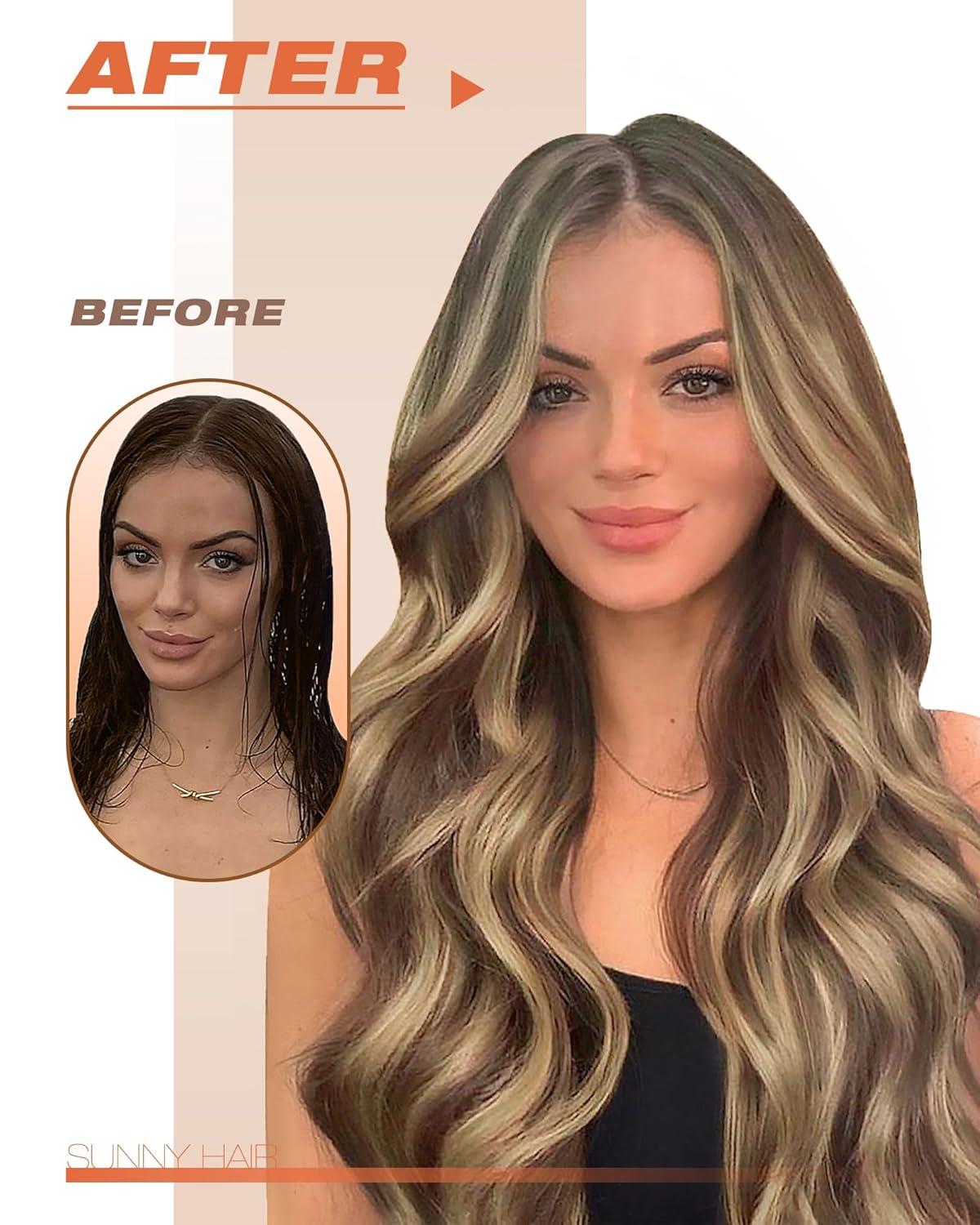 imageSunny Hair Tape in Hair Extensions Color3822 Cool Brown to Light Brown Highlight Medium Blonde Balayage 18inch Bundle with ColorP427 Dark Brown Highlight Caramel Blonde 20inch