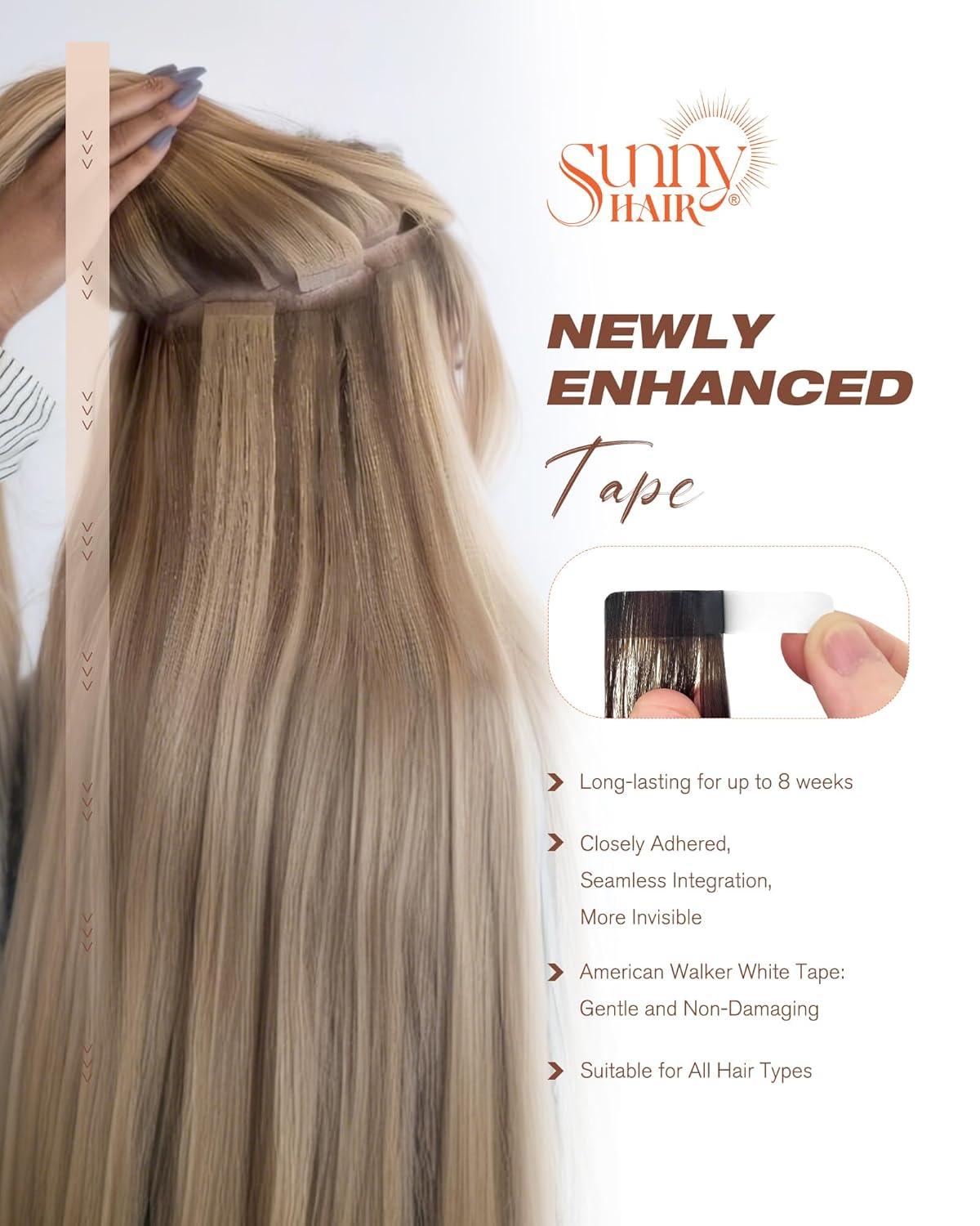 imageSunny Hair Tape in Hair Extensions Color3822 Cool Brown to Light Brown Highlight Medium Blonde Balayage 18inch Bundle with ColorP427 Dark Brown Highlight Caramel Blonde 20inch