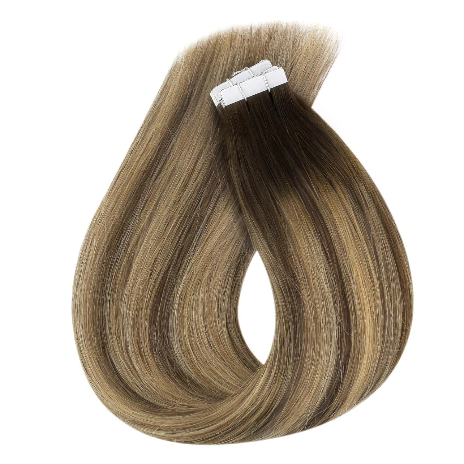 imageSunny Hair Tape in Hair Extensions Human Hair 14 Inch Hair Extensions Real Human Hair Tape in Extensions for Women Dark Brown Ombre Brown Mix Caramel Blonde Virgin Hair Natural Straight 10Pcs 25g