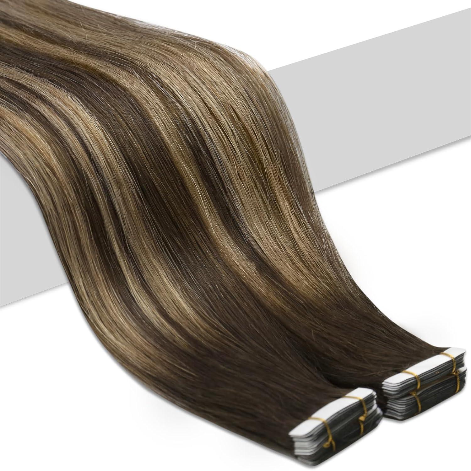 imageSunny Hair Tape in Hair Extensions Human Hair 14 Inch Hair Extensions Real Human Hair Tape in Extensions for Women Dark Brown Ombre Brown Mix Caramel Blonde Virgin Hair Natural Straight 10Pcs 25g