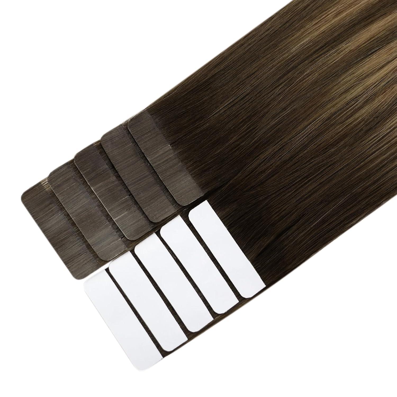 imageSunny Hair Tape in Hair Extensions Human Hair 14 Inch Hair Extensions Real Human Hair Tape in Extensions for Women Dark Brown Ombre Brown Mix Caramel Blonde Virgin Hair Natural Straight 10Pcs 25g
