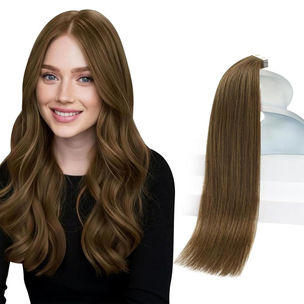 imageSunny Hair 20Pcs 50g 18inch Black Human Hair Extensions Bundle Tape in Hair Extensions with Light Brown Balayage Blonde Hair Extensions Real Human Hair Tape 2 Packs