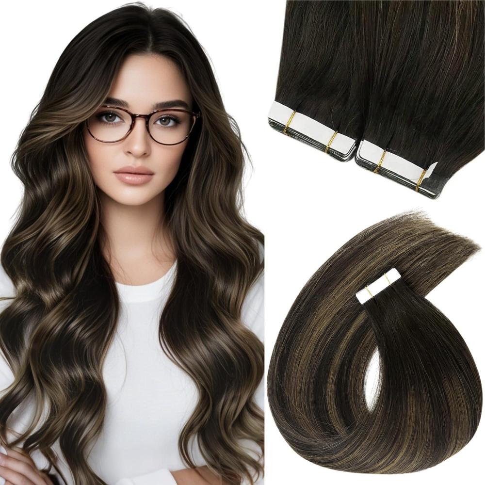 imageSunny Hair Tape in Hair Extensions ColorP427 Dark Brown Highlight Caramel Blonde 18inch Bundle with ColorDarkest Brown Balayage Medium Brown 18inch
