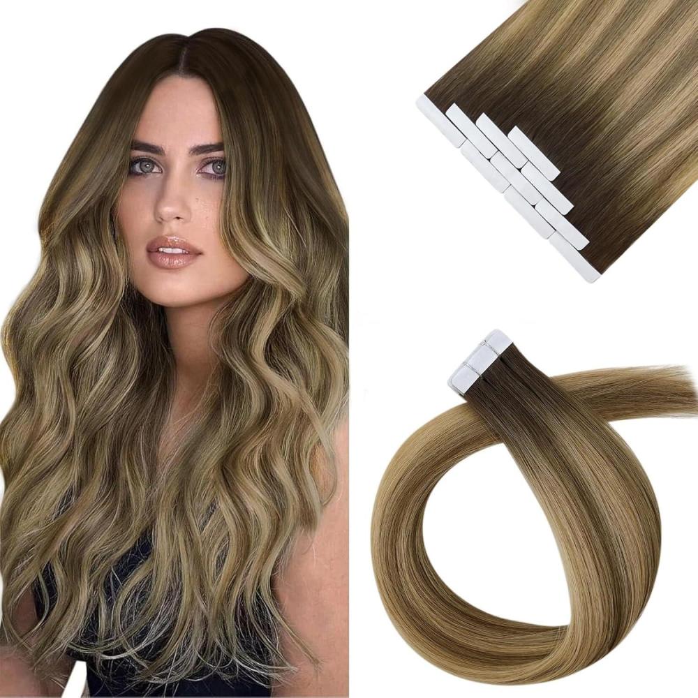 imageSunny Hair Tape in Hair Extensions Human Hair 14 Inch Hair Extensions Real Human Hair Tape in Extensions for Women Dark Brown Ombre Brown Mix Caramel Blonde Virgin Hair Natural Straight 10Pcs 25g