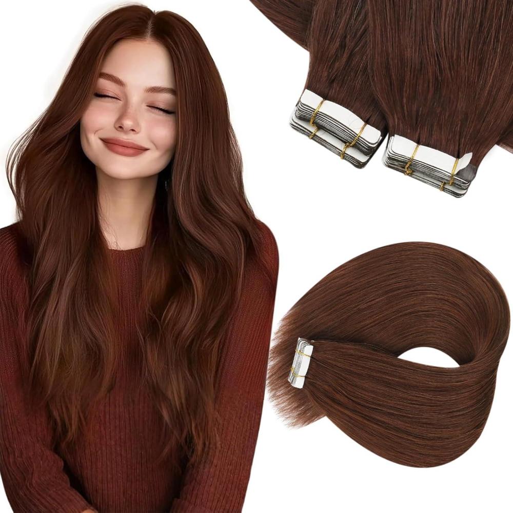 imageSunny Hair Tape in Hair Extensions Human Hair 14inch 40Pcs Medium Manogany Brown Human Hair Tape in Extensions Remy Invisible Tape ins Human Hair Extensions Straight