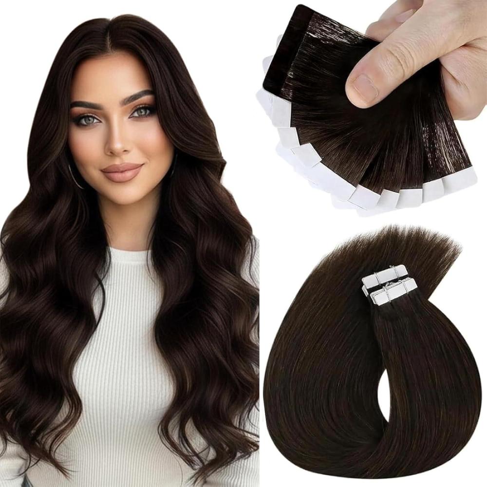 imageSunny Hair Tape in Hair Extensions Real Human Hair Invisible Remy Hair Extensions Tape ins for Women Darkest Brown 16 inch 25G