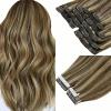 Ve Sunny 14″ Bundle: Brown Tape in Human Hair Extensions 50g + Brown Clip in Extensions Real Human Hair 100g, Dark Brown Highlights Caramel Blonde, Human Hair Extensions, Total 150g 14inch