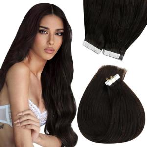 2 Packs Sunny Hair Tape in Hair Extensions Real Human Hair Cool Brown Balayage Light Brown with Highlight Bundle with Tape in Extensions Darkest Brown18inch 40pcs 100G