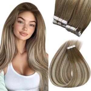 Sunny Hair Tape in Hair Extensions Color#3/8/22 Cool Brown to Light Brown Highlight Medium Blonde Balayage 18inch Bundle with Color#6/60/6 Medium Brown Ombre Platinum Blonde Balayage 18inch