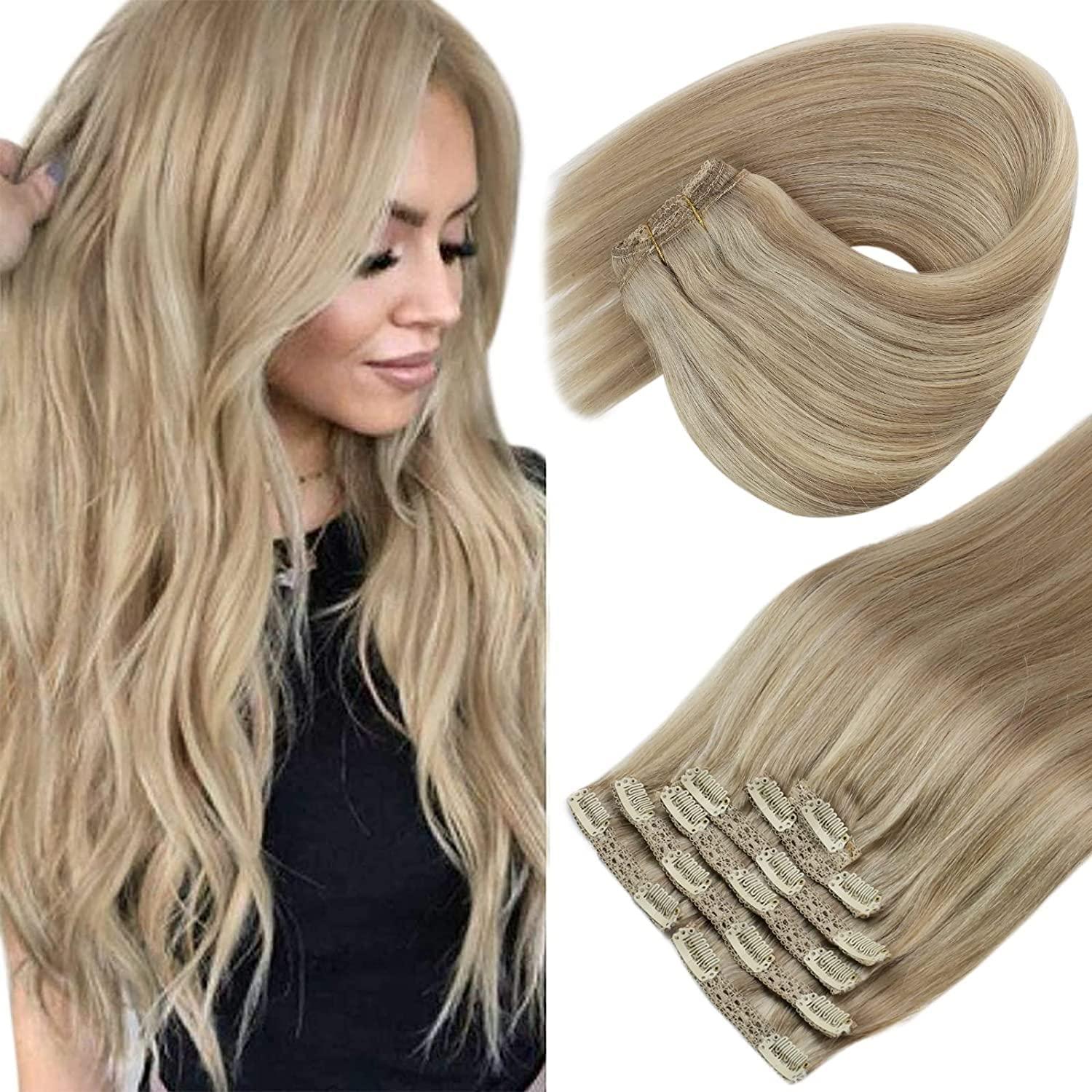 image2 Packs Sunny Hair Clip in Hair Extensions Blonde Clip in Extensions and Tape in Hair Extensions Human Hair Ash Blonde Highlights Color 20 inch