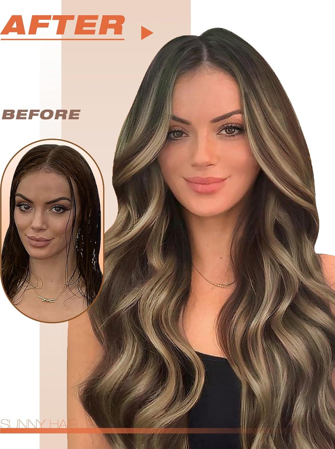 image2 Packs Sunny Hair Tape in Extensions Real Human Hair Cool Brown Balayage Light Brown with Highlight Bundle with Tape in Extensions Dark Brown Root to Caramel Blonde Balayage18inch 40pcs 100G