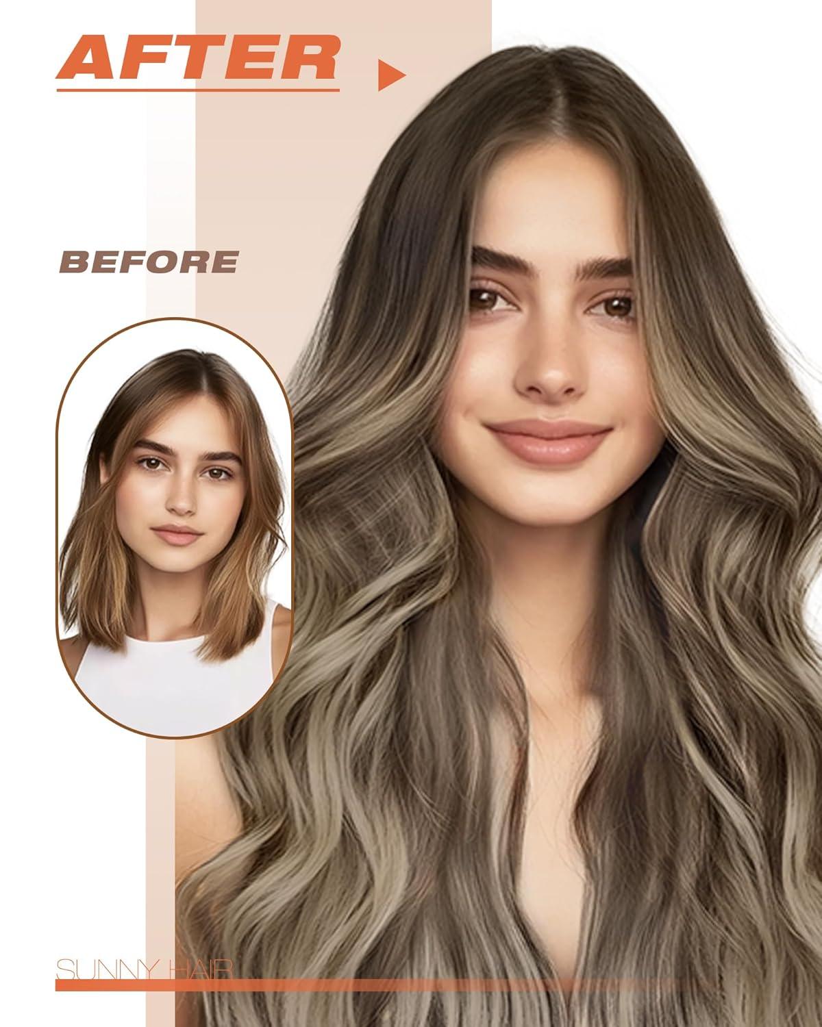image2 Packs Sunny Hair Tape in Hair Extensions Real Human Hair Cool Brown Balayage Light Brown with Highlight 18inch Bundle with Same Color 16inch 40pcs 100G