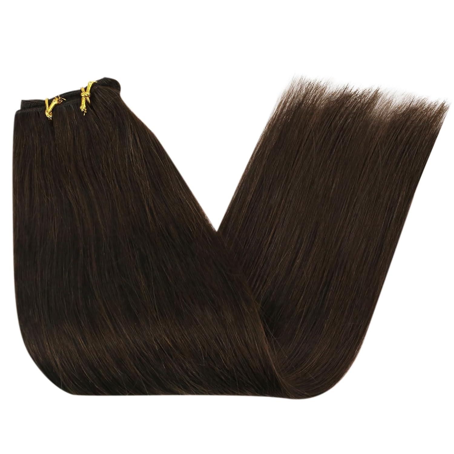 image2 Packs Sunny Tape in Hair Extensions 50g 20pcs 14inch and Sunny Weft Hair Extensions 14Inch 70G Bundle Real Human Hair 2 Darkest Brown Hair Extensions
