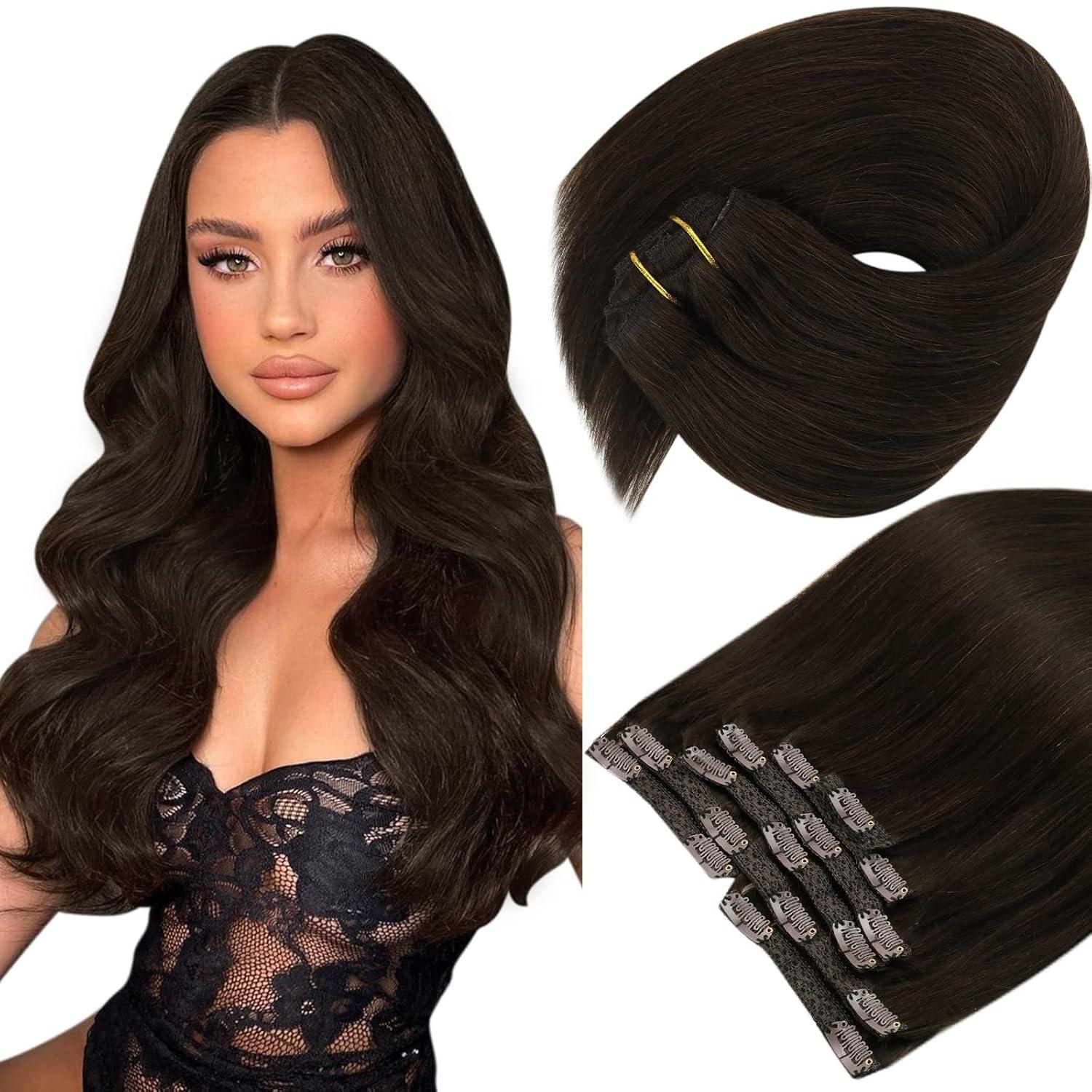 image2 PacksSunny Hair Clip in Hair Extensions Brown Human Hair Clip in Extensions Darkest Brown Tape in Hair Extensions Human Hair 16 Inch