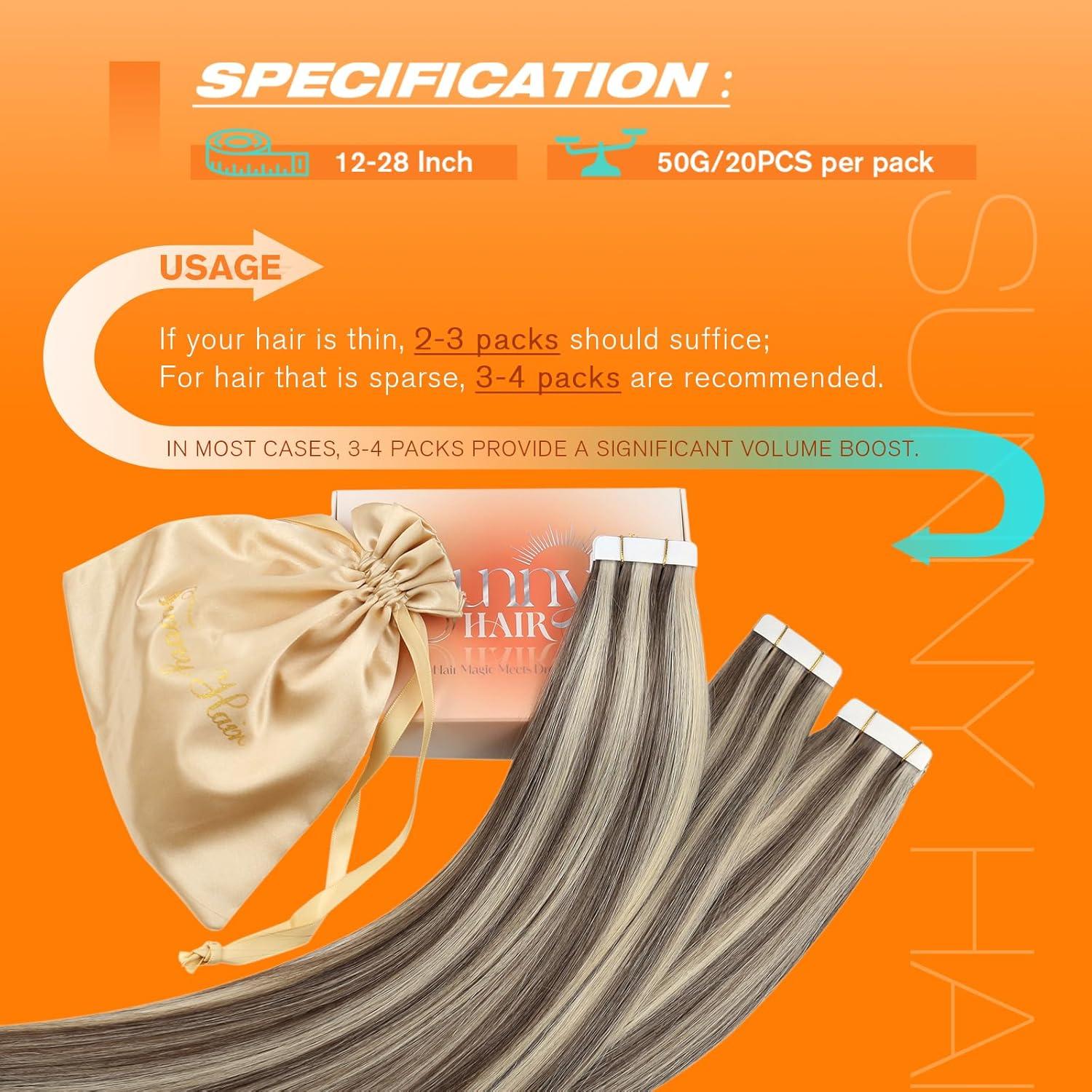 imageAdd Volume 2 Packs Sunny Hair Light Brown Highlights Blonde 24 Inch Human Hair Extensions Sew In and Tape in Hair Extensions 20Pcs 50g
