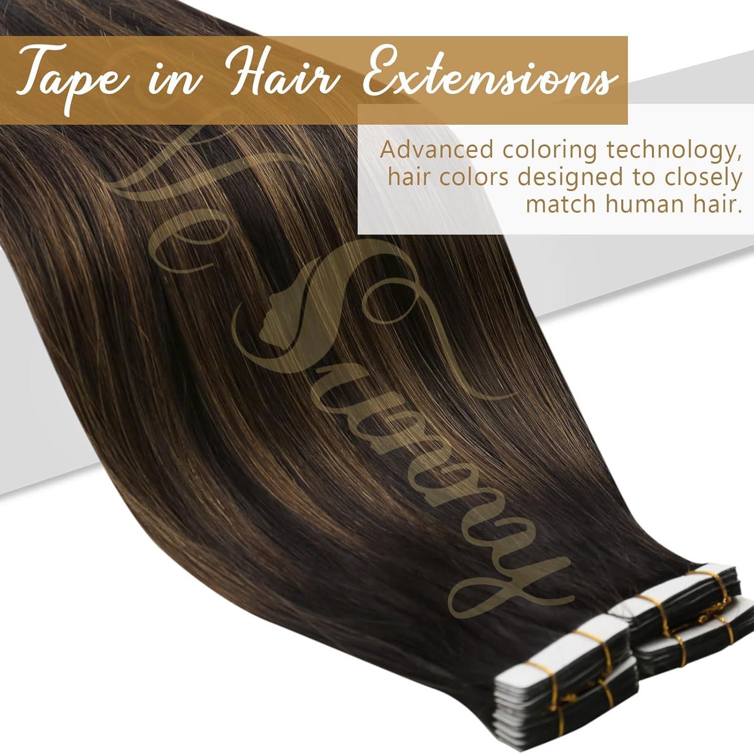imageSunny 18 Bundle 50G Seamless Tape in Hair Extensions Dark Brown Mixed Chestnut Brown Balayage 120G Clip in Hair Extensions Brown Total 170G Human Hair Extensions Soft