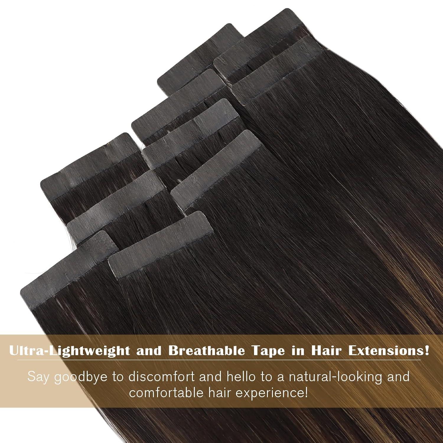 imageSunny 18 Bundle 50G Seamless Tape in Hair Extensions Dark Brown Mixed Chestnut Brown Balayage 120G Clip in Hair Extensions Brown Total 170G Human Hair Extensions Soft