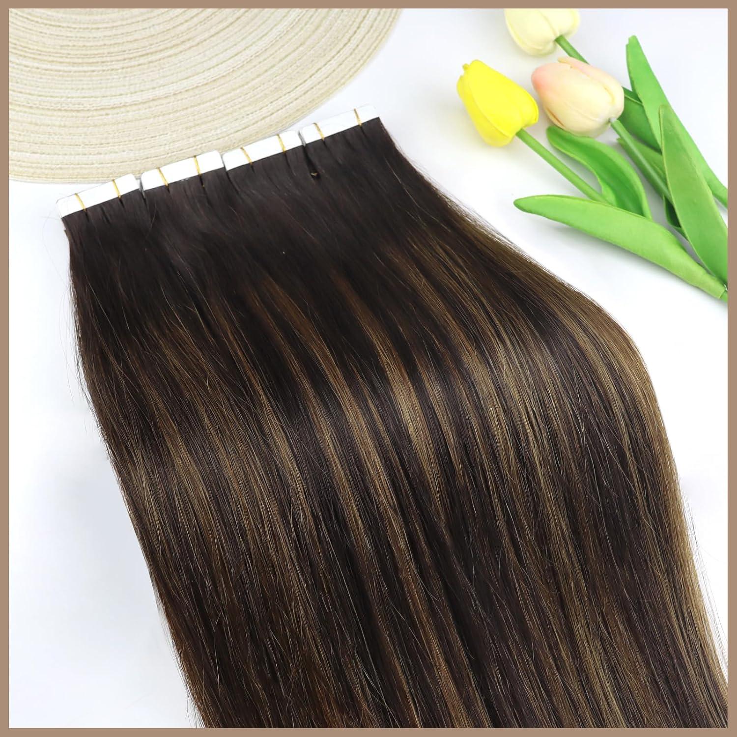 imageSunny 18 Bundle 50G Seamless Tape in Hair Extensions Dark Brown Mixed Chestnut Brown Balayage 120G Clip in Hair Extensions Brown Total 170G Human Hair Extensions Soft