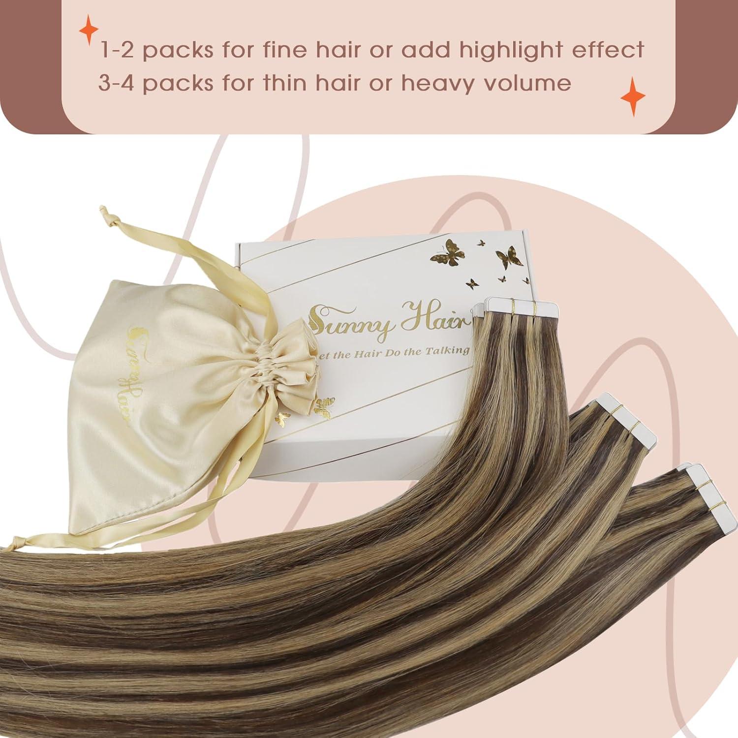 imageSunny 18 Bundle Total 170g Brown Tape in Human Hair Extensions 50g Weft Hair Extensions Human Hair Brown 120g Dark Brown Highlight Caramel Blonde