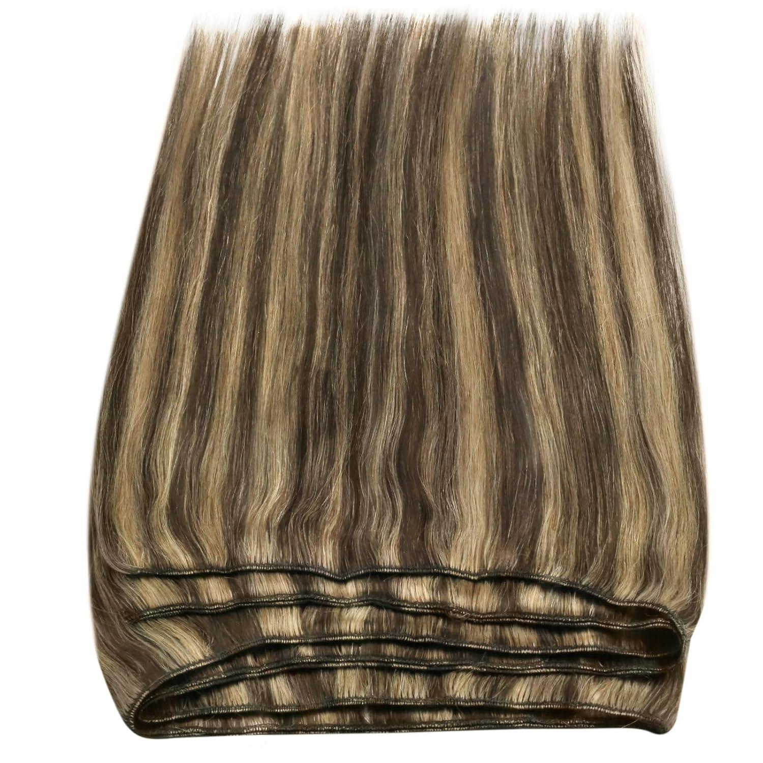 imageSunny 20 Bundle Total 170g Tape in Hair Extensions Brown 50g Sew in Weft Hair Extensions Human Hair Brown 120g Dark Brown Highlight Caramel Blonde