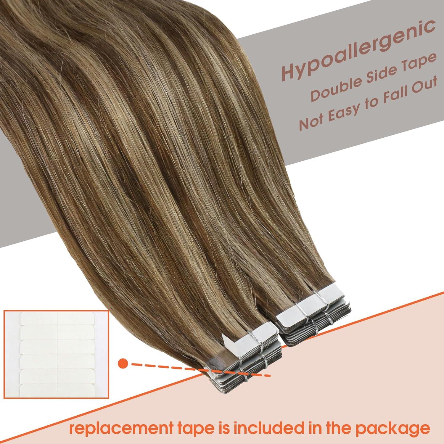 imageSunny 20 Bundle Total 170g Tape in Hair Extensions Brown 50g Sew in Weft Hair Extensions Human Hair Brown 120g Dark Brown Highlight Caramel Blonde