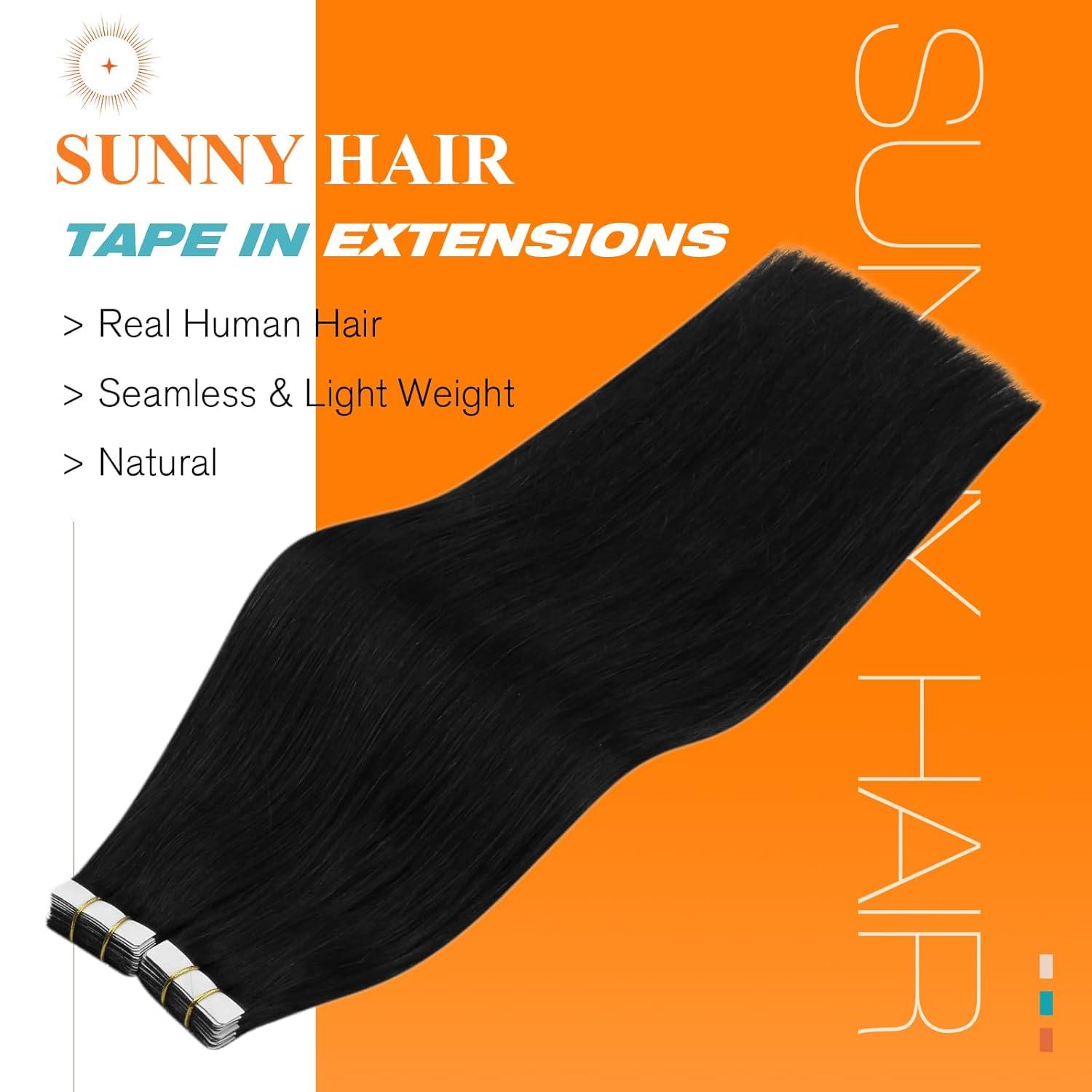 imageSunny Hair 20Pcs 50g 14inch Black Human Hair Extensions Bundle Tape in Hair Extensions with Remy Tape in Hair Extensions Human Hair 2 Packs