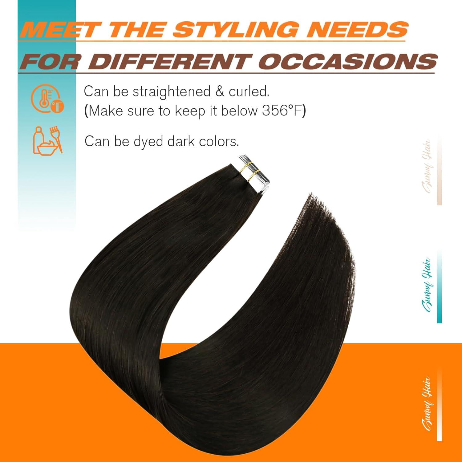 imageSunny Hair 20Pcs 50g 16inch Black Brown Balayage Ash Blonde Remy Hair Bundle Tape in Hair Extensions with Darkest Brown Remy Hair Extensions Tape in Human Hair 2 Packs