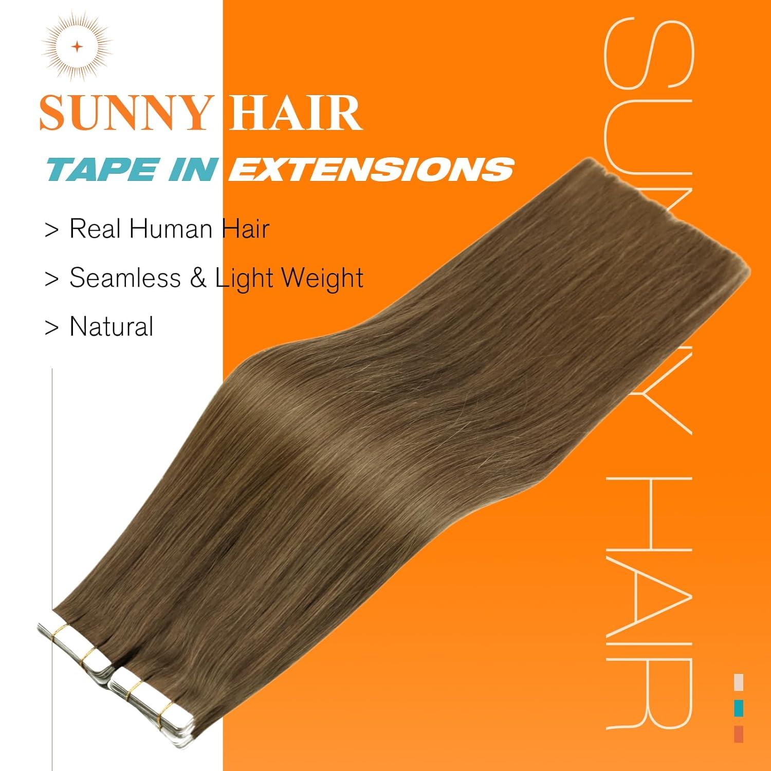 imageSunny Hair 20Pcs 50g 16inchBrown Balayage Ash Blonde Human Hair Extensions Bundle Tape in Hair Extensions with Light Brown Human Hair Tape Extensions 2 Packs