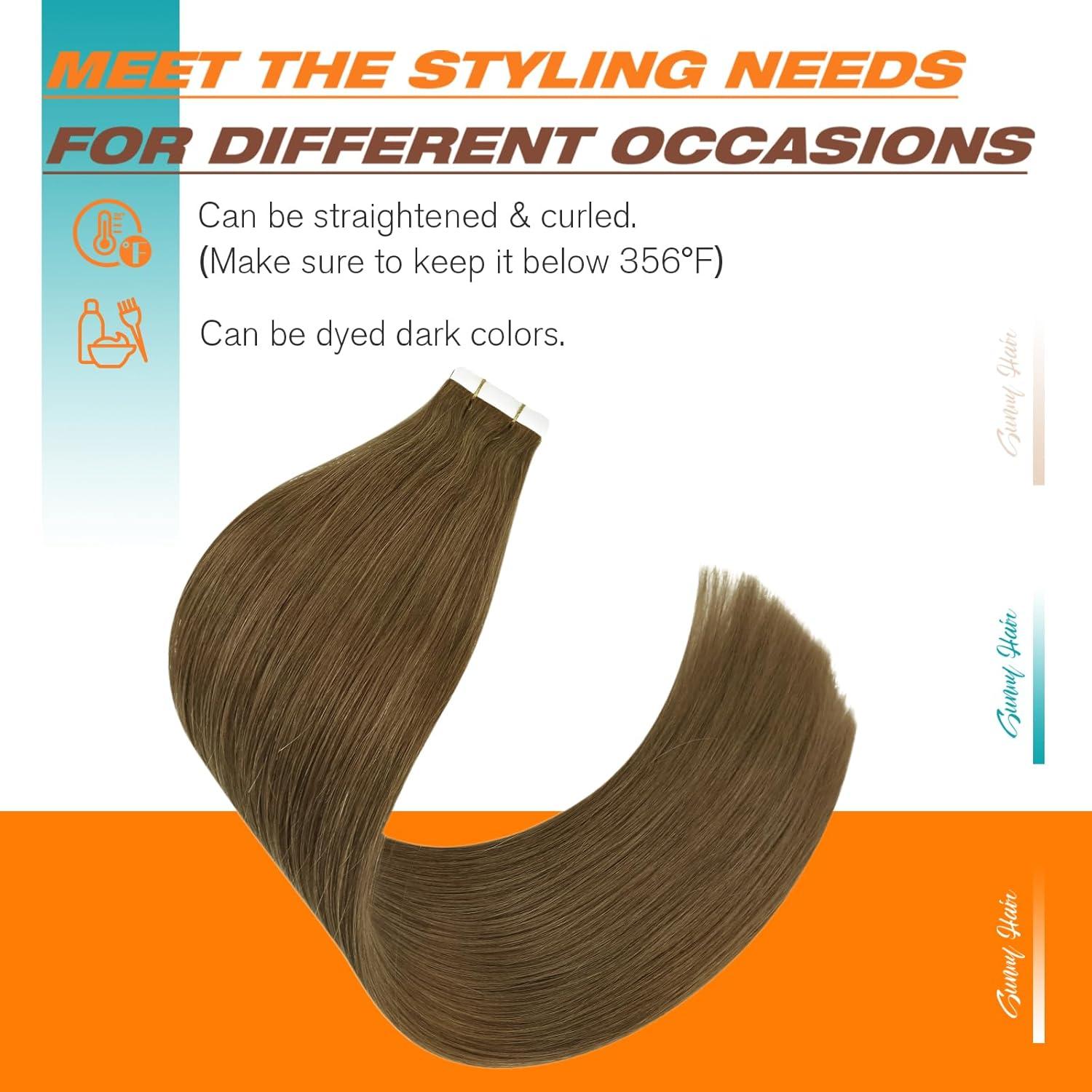imageSunny Hair 20Pcs 50g 16inchBrown Balayage Ash Blonde Human Hair Extensions Bundle Tape in Hair Extensions with Light Brown Human Hair Tape Extensions 2 Packs