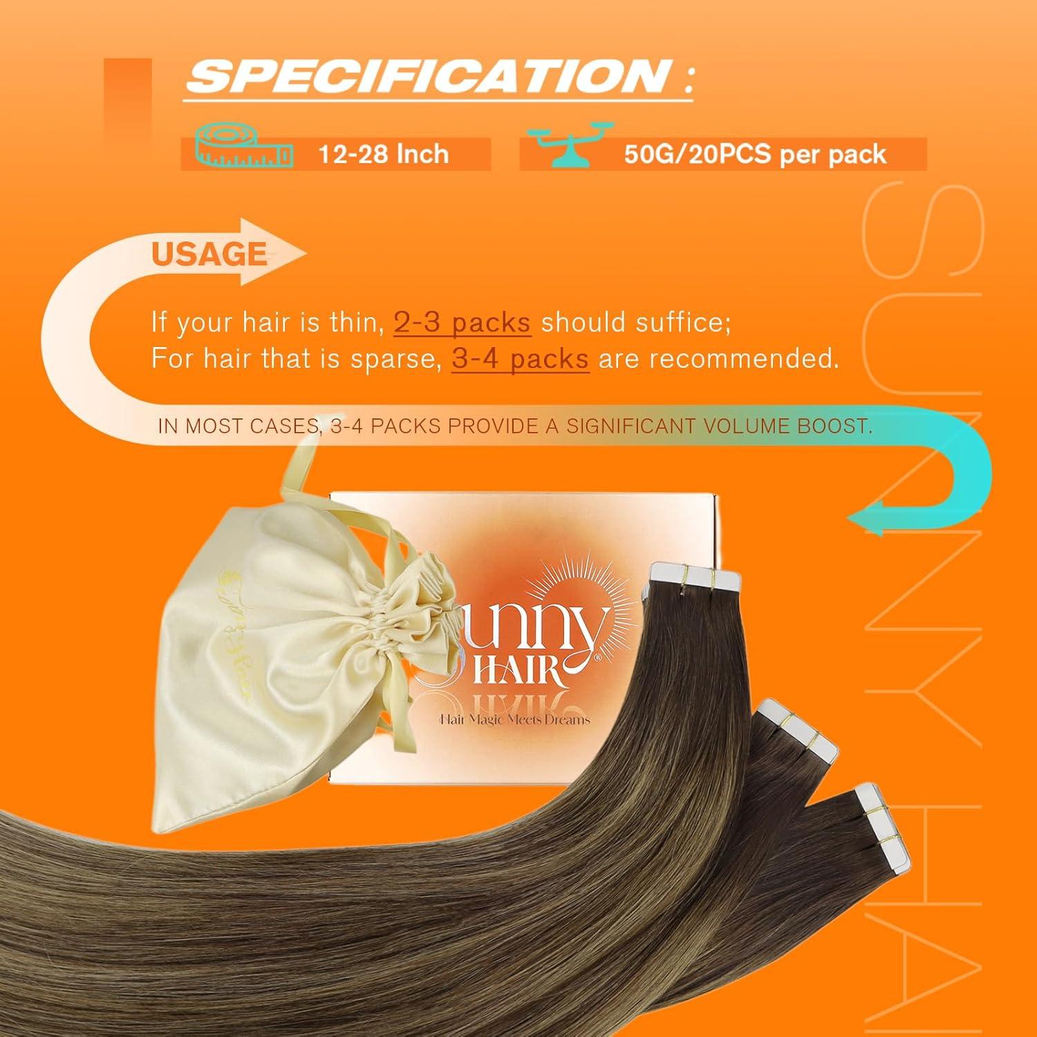 imageSunny Hair 20Pcs 50g 18inch Black Human Hair Extensions Bundle Tape in Hair Extensions with Dark Brown Balayage Caramel Blonde Tape in Extensions 2 Packs