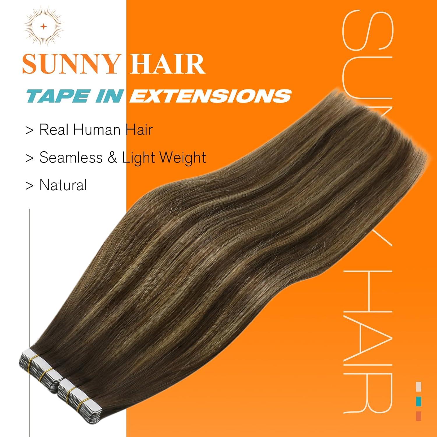 imageSunny Hair 20Pcs 50g 18inch Black Human Hair Extensions Bundle Tape in Hair Extensions with Dark Brown Balayage Caramel Blonde Tape in Extensions 2 Packs
