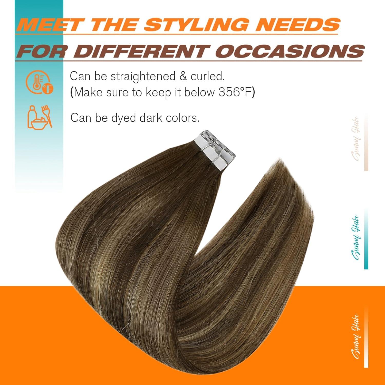imageSunny Hair 20Pcs 50g 18inch Black Human Hair Extensions Bundle Tape in Hair Extensions with Dark Brown Balayage Caramel Blonde Tape in Extensions 2 Packs